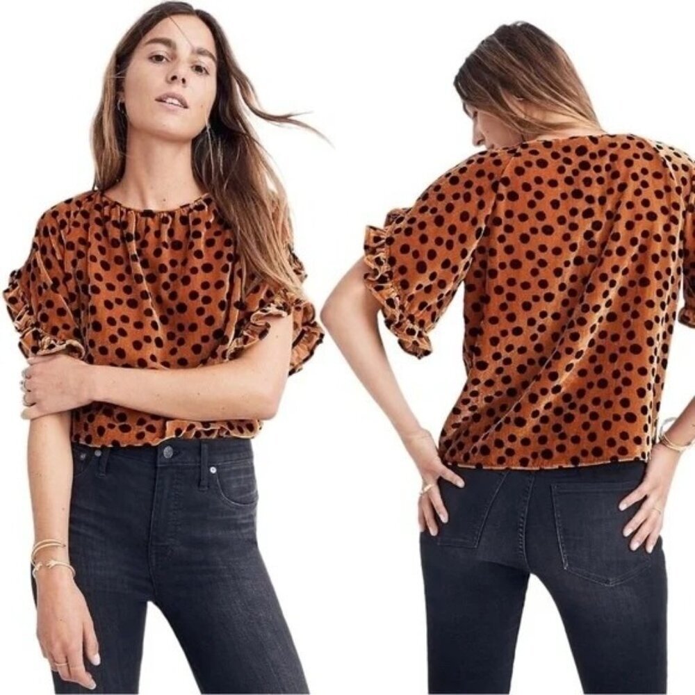 Madewell Momento Black Polka Dot Velour Ruffle Sleeve Top